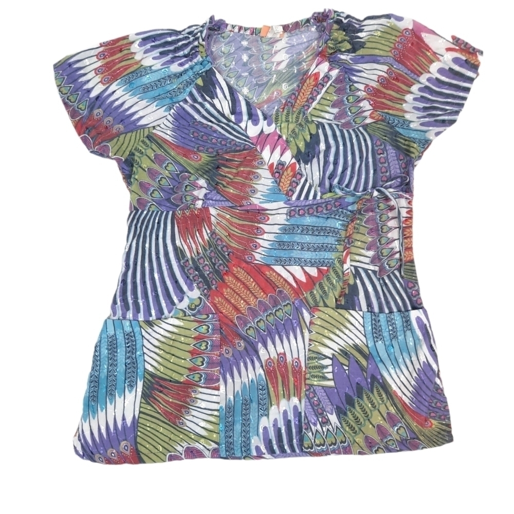 Elan by Barco Peacock Feather Medical Scrub Top Embroidered‎ Eyel Sz XS Women's